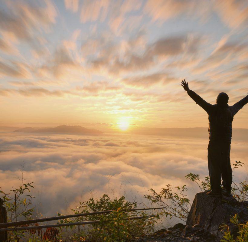 Adventure hiking, mountian landscape with tourist on during sunrise